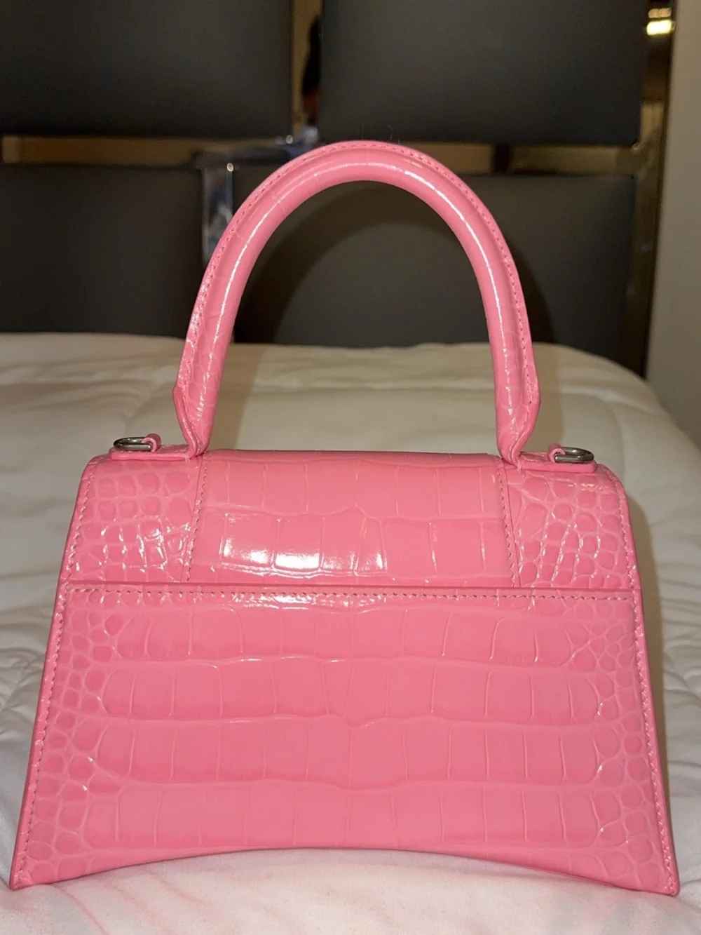 Balenciaga Pink Croc-Embossed Top Handle Satchel